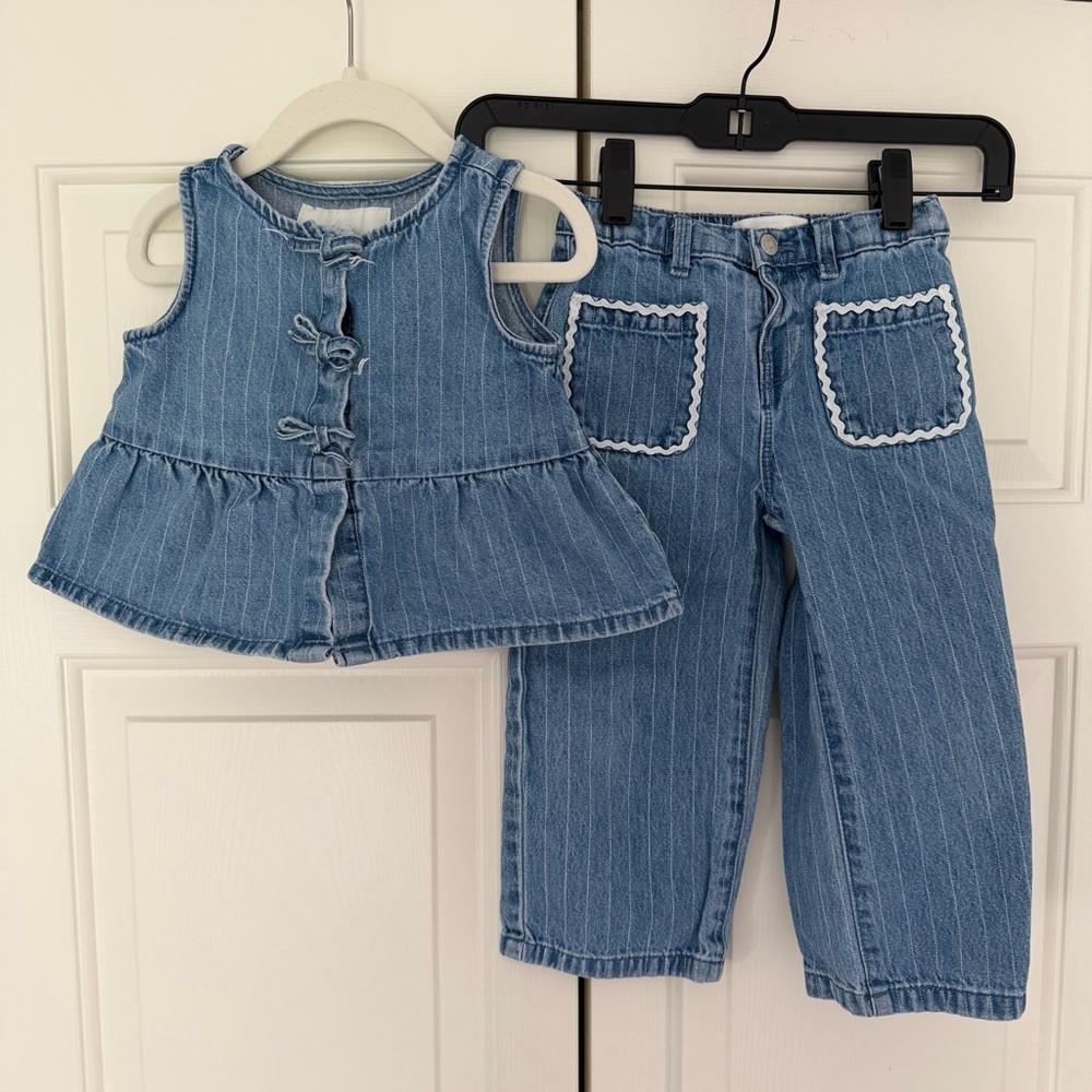 Zara Light Blue Pinstriped Denim Girls' Top & Pants Set